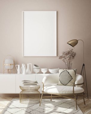 Modern iç plan, oturma odası, İskandinav tarzı, 3D çizim, 3D resim