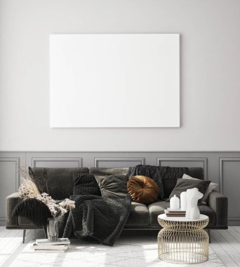 Modern iç plan, oturma odası, İskandinav tarzı, 3D çizim, 3D resim