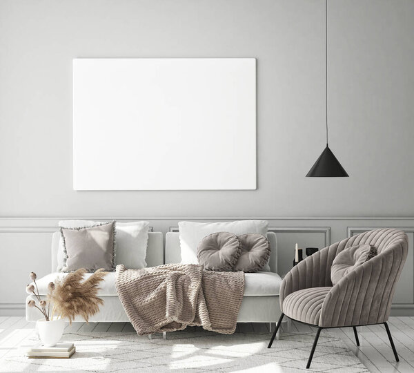 mock up poster frame in modern interior background, living room, Scandinavian style, 3D render, 3D illustration