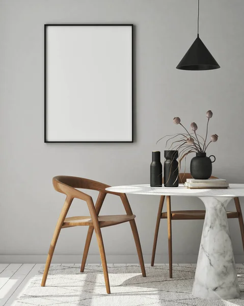 Modellare Cornice Poster Moderno Sfondo Interno Sala Pranzo Stile Scandinavo — Foto Stock