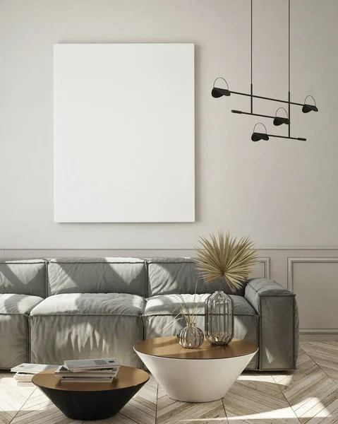 Model Poster Frame Moderne Interieur Achtergrond Woonkamer Scandinavische Stijl Render — Stockfoto