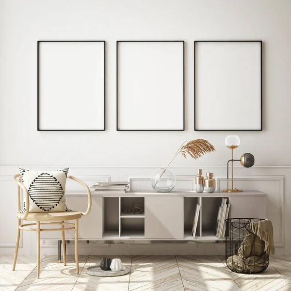 Modern iç plan, oturma odası, İskandinav tarzı, 3D çizim, 3D resim