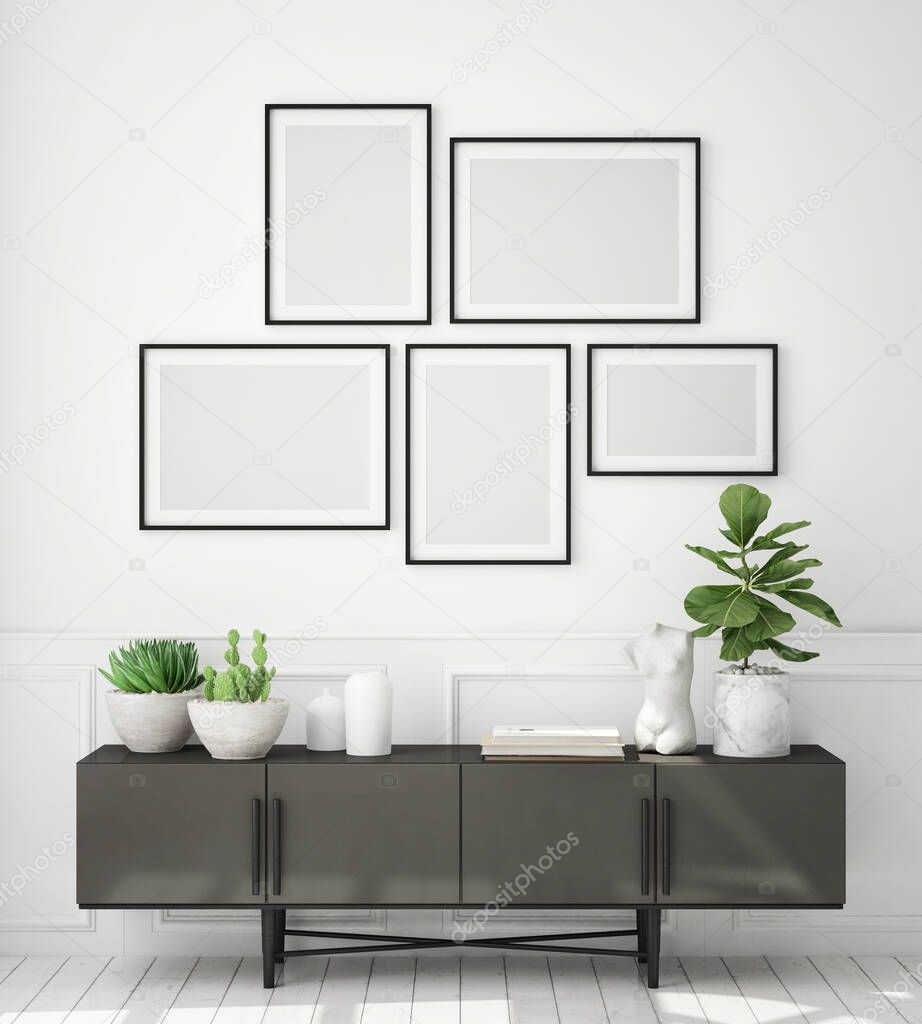 mock up poster frame in modern interior background, living room, Scandinavian style, 3D render, 3D illustration