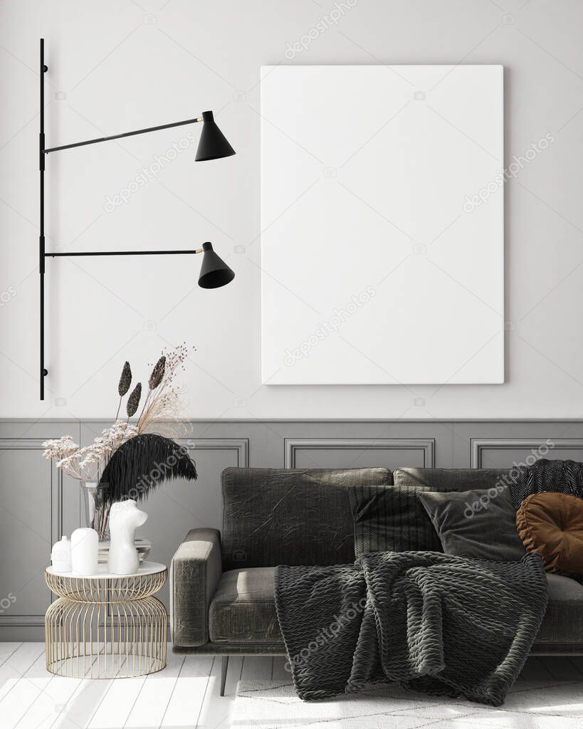 mock up poster frame in modern interior background, living room, Scandinavian style, 3D render, 3D illustration