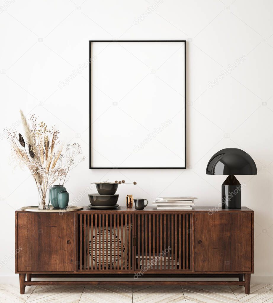 mock up poster frame in modern interior background, living room, Scandinavian style, 3D render, 3D illustration