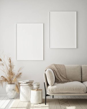 Modern iç plan, oturma odası, İskandinav tarzı, 3D çizim, 3D resim