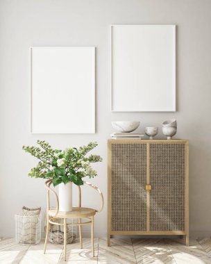 Modern iç plan, oturma odası, İskandinav tarzı, 3D çizim, 3D resim