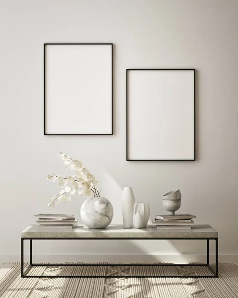 Model Poster Frame Moderne Interieur Achtergrond Woonkamer Scandinavische Stijl Render — Stockfoto