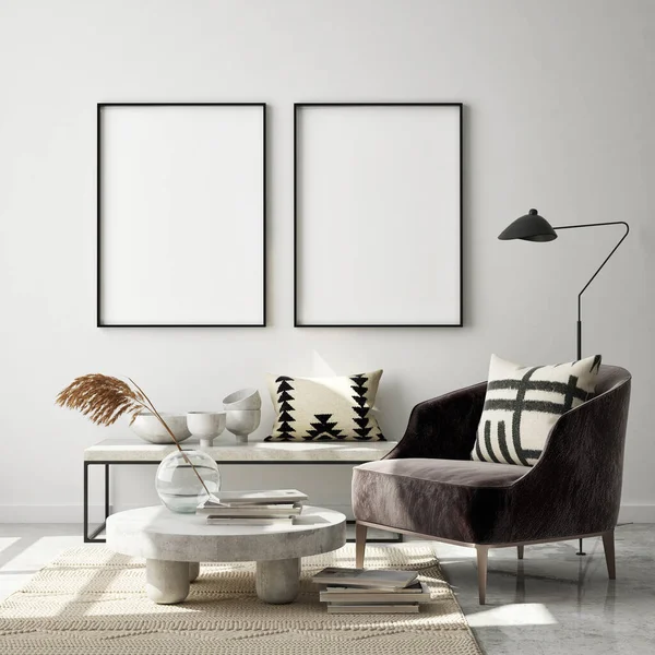 Mock Poster Frame Modern Interior Latar Belakang Ruang Tamu Skandinavia — Stok Foto