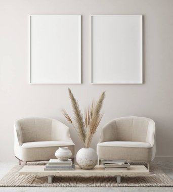 Modern iç plan, oturma odası, İskandinav tarzı, 3D çizim, 3D resim