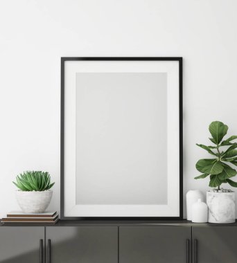 Modern iç planda poster çerçevesi, yakın plan, oturma odası, İskandinav tarzı, 3D görüntü, 3D resim