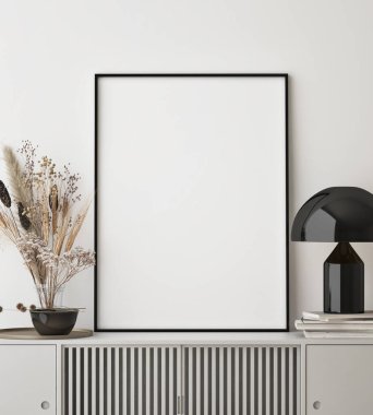 Modern iç planda poster çerçevesi, yakın plan, oturma odası, İskandinav tarzı, 3D görüntü, 3D resim