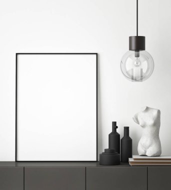 Modern iç planda poster çerçevesi, yakın plan, oturma odası, İskandinav tarzı, 3D görüntü, 3D resim
