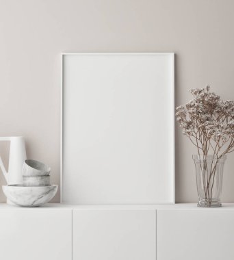 Modern iç planda poster çerçevesi, yakın plan, oturma odası, İskandinav tarzı, 3D görüntü, 3D resim