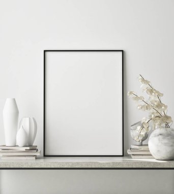 Modern iç planda poster çerçevesi, yakın plan, oturma odası, İskandinav tarzı, 3D görüntü, 3D resim