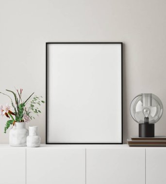 Modern iç planda poster çerçevesi, yakın plan, oturma odası, İskandinav tarzı, 3D görüntü, 3D resim
