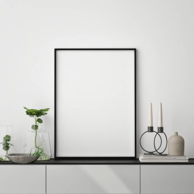 Modern iç planda poster çerçevesi, yakın plan, oturma odası, İskandinav tarzı, 3D görüntü, 3D resim