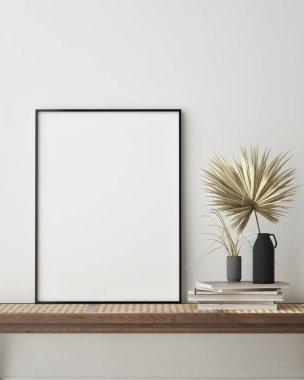 Modern iç planda poster çerçevesi, yakın plan, oturma odası, İskandinav tarzı, 3D görüntü, 3D resim