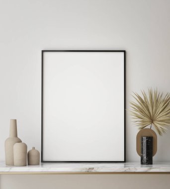 Modern iç planda poster çerçevesi, yakın plan, oturma odası, İskandinav tarzı, 3D görüntü, 3D resim