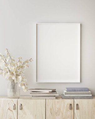 Modern iç planda poster çerçevesi, yakın plan, oturma odası, İskandinav tarzı, 3D görüntü, 3D resim