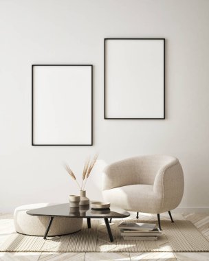 Modern iç plan, oturma odası, İskandinav tarzı, 3D çizim, 3D resim
