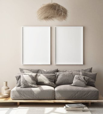 Modern iç plan, oturma odası, İskandinav tarzı, 3D çizim, 3D resim