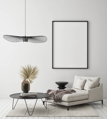 Modern iç plan, oturma odası, İskandinav tarzı, 3D çizim, 3D resim