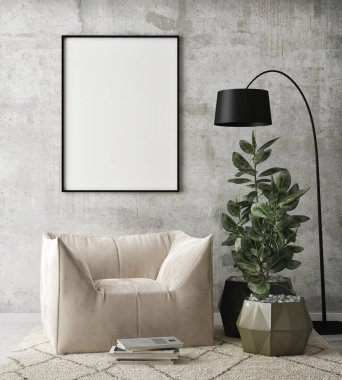 Modern iç plan, oturma odası, İskandinav tarzı, 3D çizim, 3D resim