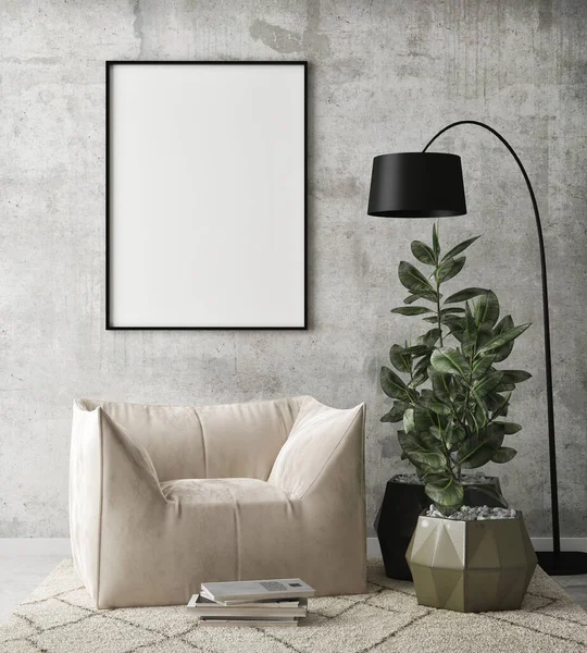 Model Poster Frame Moderne Interieur Achtergrond Woonkamer Scandinavische Stijl Render — Stockfoto