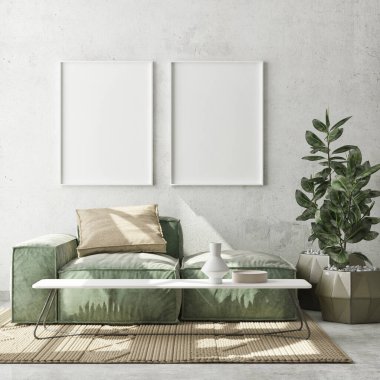 Modern iç plan, oturma odası, İskandinav tarzı, 3D çizim, 3D resim