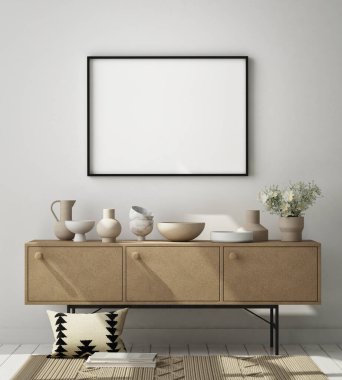 Modern iç plan, oturma odası, İskandinav tarzı, 3D çizim, 3D resim