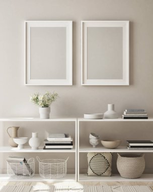 Modern iç plan, oturma odası, İskandinav tarzı, 3D çizim, 3D resim