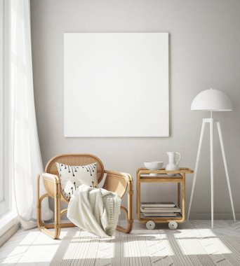 Modern iç plan, oturma odası, İskandinav tarzı, 3D çizim, 3D resim