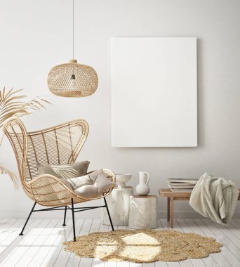 Modern iç plan, oturma odası, İskandinav tarzı, 3D çizim, 3D resim