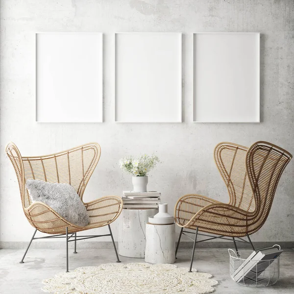 Mock Poster Frame Modern Interior Latar Belakang Ruang Tamu Skandinavia — Stok Foto