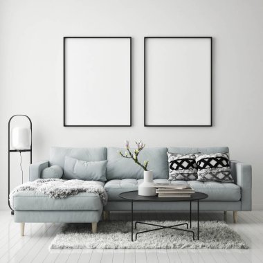 Modern iç plan, oturma odası, İskandinav tarzı, 3D çizim, 3D resim