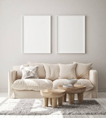 Modern iç plan, oturma odası, İskandinav tarzı, 3D çizim, 3D resim