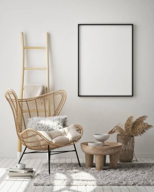 Modern iç plan, oturma odası, İskandinav tarzı, 3D çizim, 3D resim