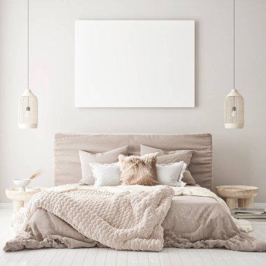 Modern yatak odası iç plan, oturma odası, İskandinav tarzı, 3 boyutlu resim, 3 boyutlu resim.