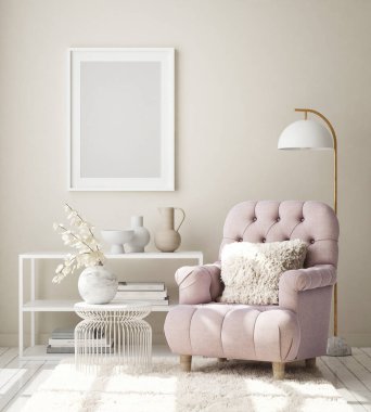 Modern iç plan, oturma odası, İskandinav tarzı, 3D çizim, 3D resim