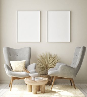 Modern iç plan, oturma odası, İskandinav tarzı, 3D çizim, 3D resim