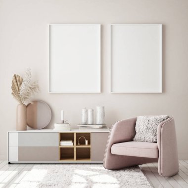 Modern iç plan, oturma odası, İskandinav tarzı, 3D çizim, 3D resim