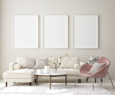 Modern iç plan, oturma odası, İskandinav tarzı, 3D çizim, 3D resim