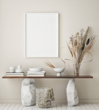 Modern iç plan, oturma odası, İskandinav tarzı, 3D çizim, 3D resim