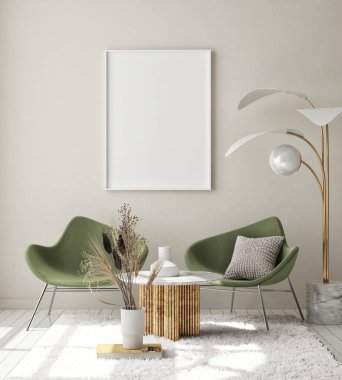 Modern iç plan, oturma odası, İskandinav tarzı, 3D çizim, 3D resim