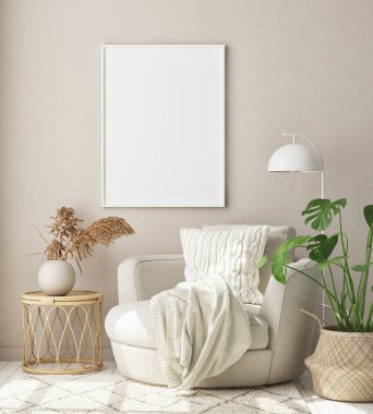 Modern iç plan, oturma odası, İskandinav tarzı, 3D çizim, 3D resim