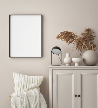 Modern iç plan, oturma odası, İskandinav tarzı, 3D çizim, 3D resim