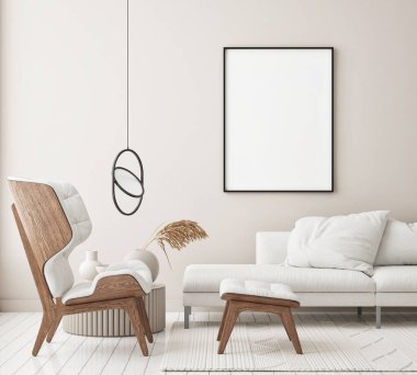 Modern iç plan, oturma odası, İskandinav tarzı, 3D çizim, 3D resim
