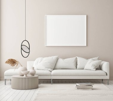 Modern iç plan, oturma odası, İskandinav tarzı, 3D çizim, 3D resim