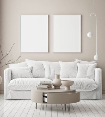 Modern iç plan, oturma odası, İskandinav tarzı, 3D çizim, 3D resim